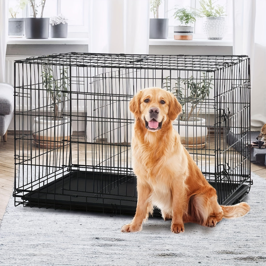 Dog Crate 42 or 48 Inch with Double Doors, Folding Metal Wire Kennel with Divider and Removable Leak-Proof Tray in Black, Blue or Pink for Home Training