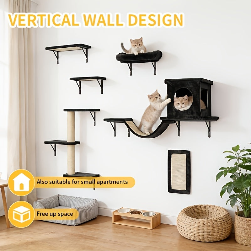Cat Wall Furniture Set 6-Piece with Shelves, Condo, Scratching Board, Bridge and Tunnel, Wall-Mounted Indoor Cat Climbing and Resting Perches