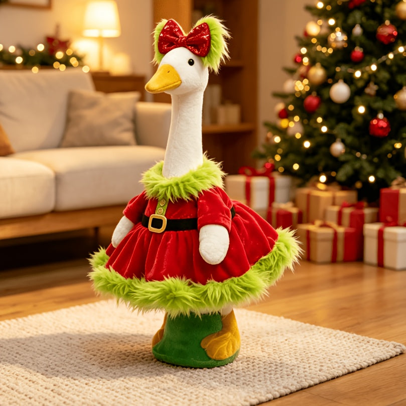 Christmas Porch Goose Outfit for 23-Inch Decorative Displays, Red Holiday Dress with Sequin Bow and Green Plush Trim for Entryway and Courtyard Decor