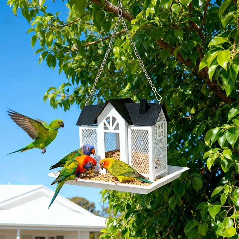 Metal Mesh Wild Bird Feeder with Triple Feeding Areas, Large Capacity Backyard Feeding Station with Black Roof and White or Red Wall Options
