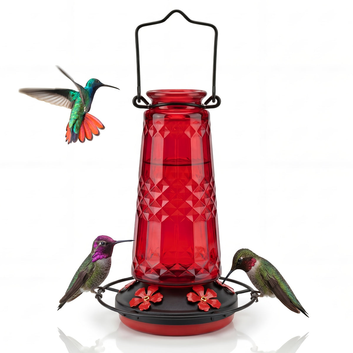 Glass Hummingbird Feeder 24oz by Kingsyard, Outdoor Hanging Nectar Feeder with 6 Feeding Ports and Ant Moat, Four Colors in Single or Two-Pack Options
