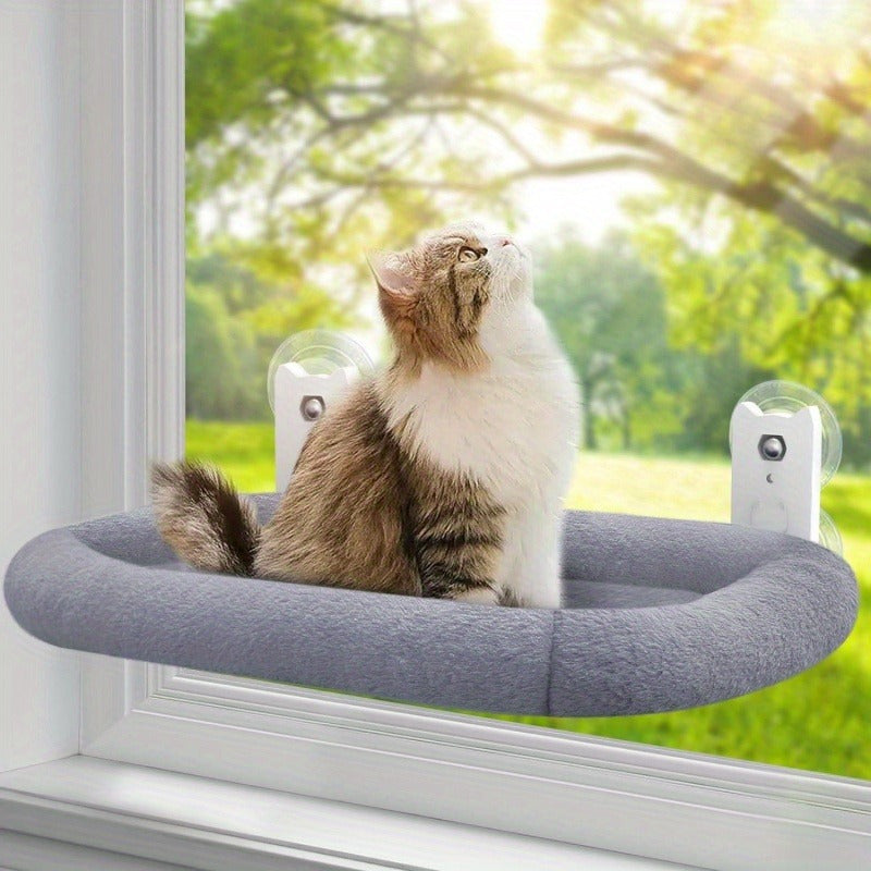 Folding Cat Window Perch with Plush Padded Bed, Cordless Metal Frame Hammock and 4 Suction Cups, 24.8 x 15.35 Inch Indoor Cat Lounger