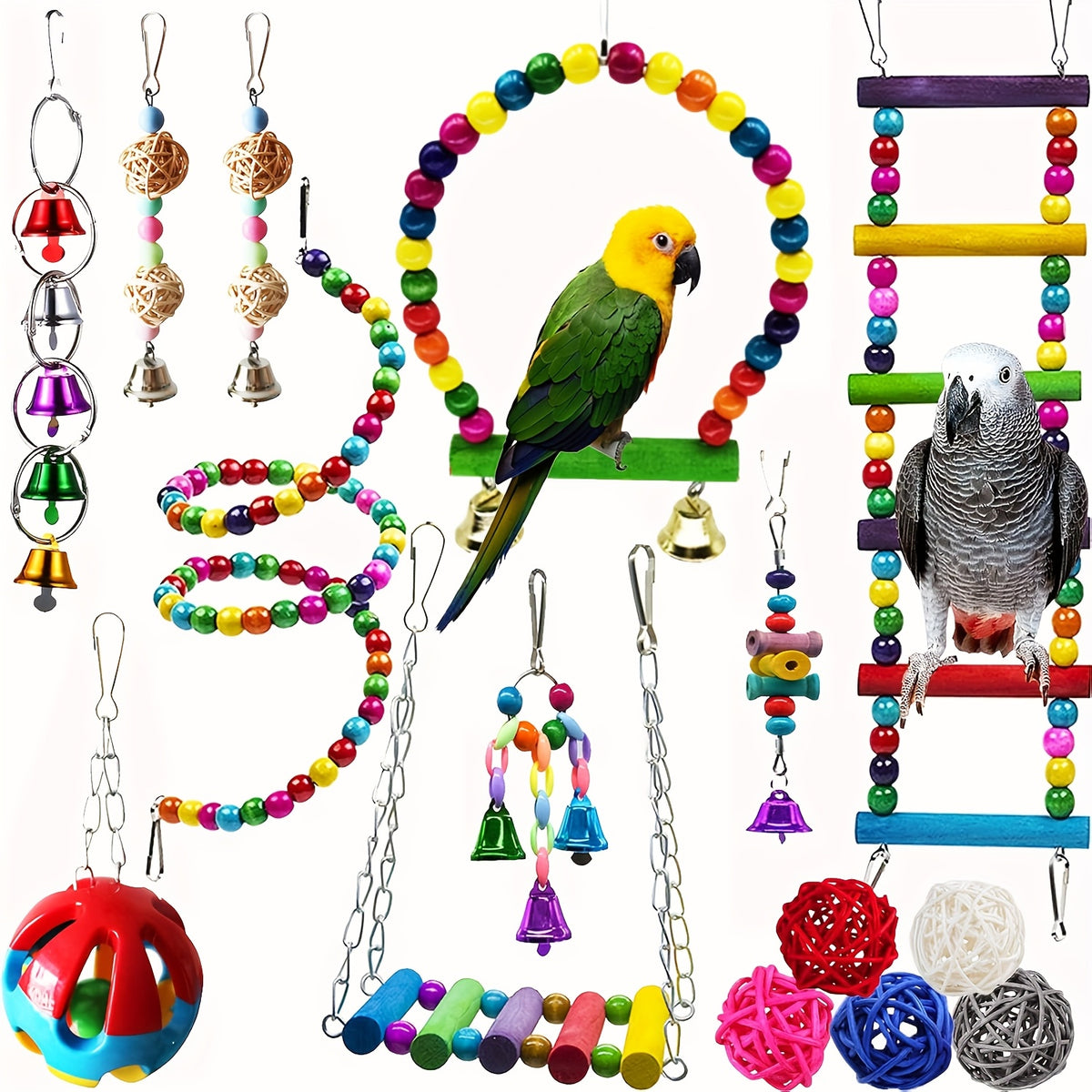Bird Toys 15-Piece Wooden Swing and Climbing Gym Set with Hanging Bells, Hammock and Ladders for Supervised Parrot Cage Enrichment