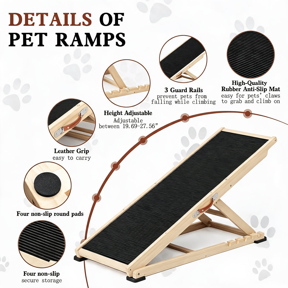 Dog Ramp for Bed and Sofa, Folding Wooden Pet Ramp with Adjustable Height and Side Guards, 40, 44 or 55 Inch Length Options for Furniture Access