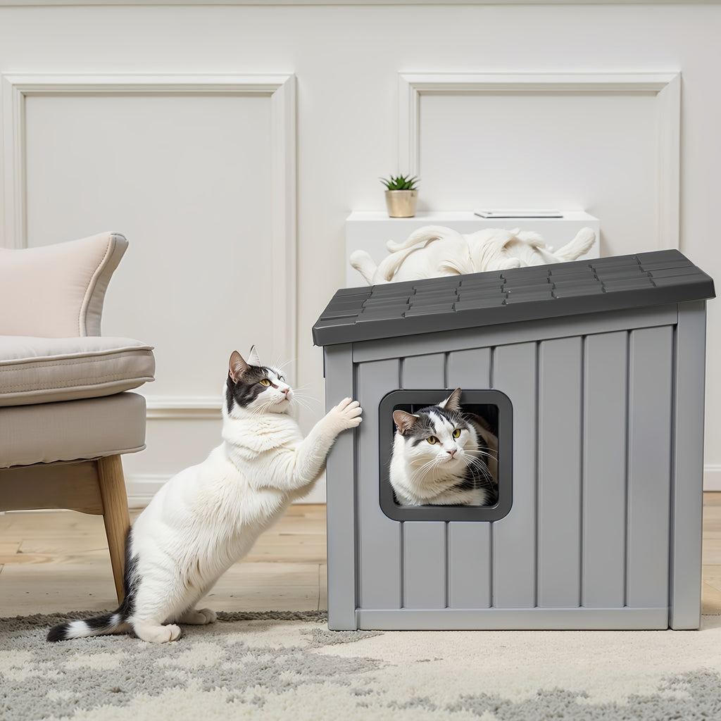 Roofed Outdoor Cat Shelter in Grey, Cozy Pet Resting House for Covered Porches and Secure Balconies, Dedicated Cat Hideaway for Everyday Rest