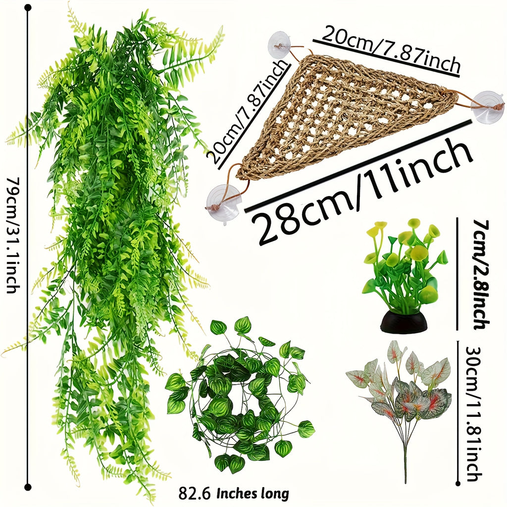 Bearded Dragon Tank Accessories 12 Piece Set with Woven Reptile Hammock, Artificial Plants, Leafy Vine and Suction Cups for Terrarium Decoration