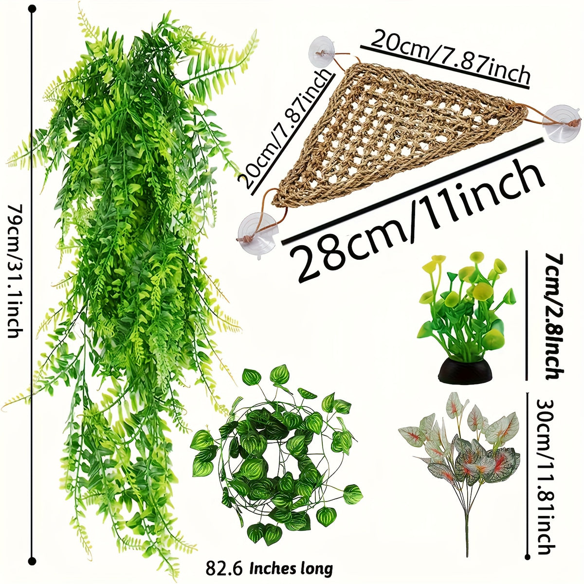 Bearded Dragon Tank Accessories 12 Piece Set with Woven Reptile Hammock, Artificial Plants, Leafy Vine and Suction Cups for Terrarium Decoration