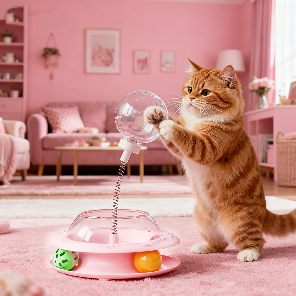 Rotating Cat Toy Wheel, Battery-Free Interactive Plastic Play Toy for Cats and Kittens, Pink or Green with Optional Teasing Feathers