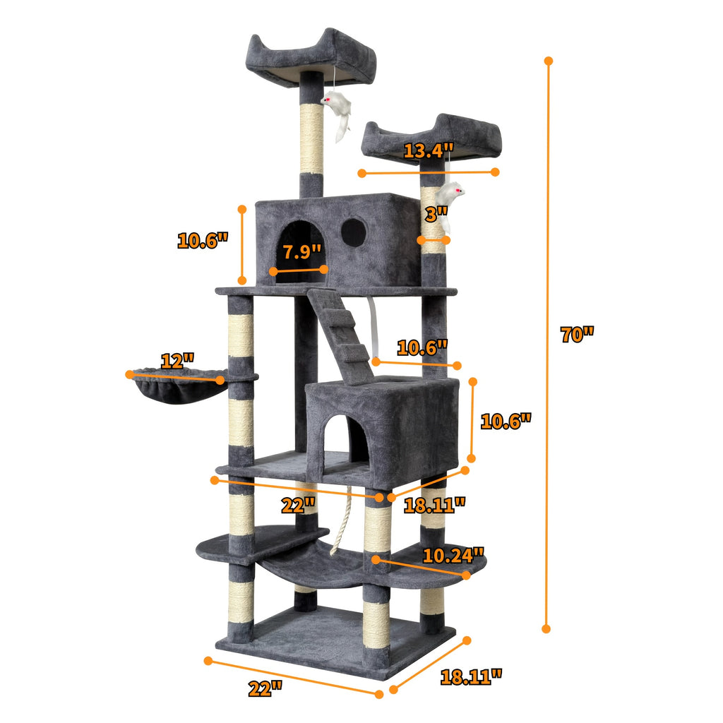 Cat Tree with Wide Base, 52.5 to 70 Inch Multi-Level Indoor Cat Tower with Plush Condo, Hammock and Sisal Scratching Posts for Climbing and Rest