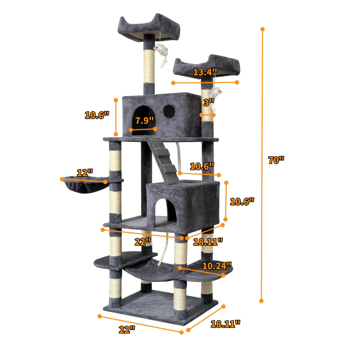 Cat Tree with Wide Base, 52.5 to 70 Inch Multi-Level Indoor Cat Tower with Plush Condo, Hammock and Sisal Scratching Posts for Climbing and Rest