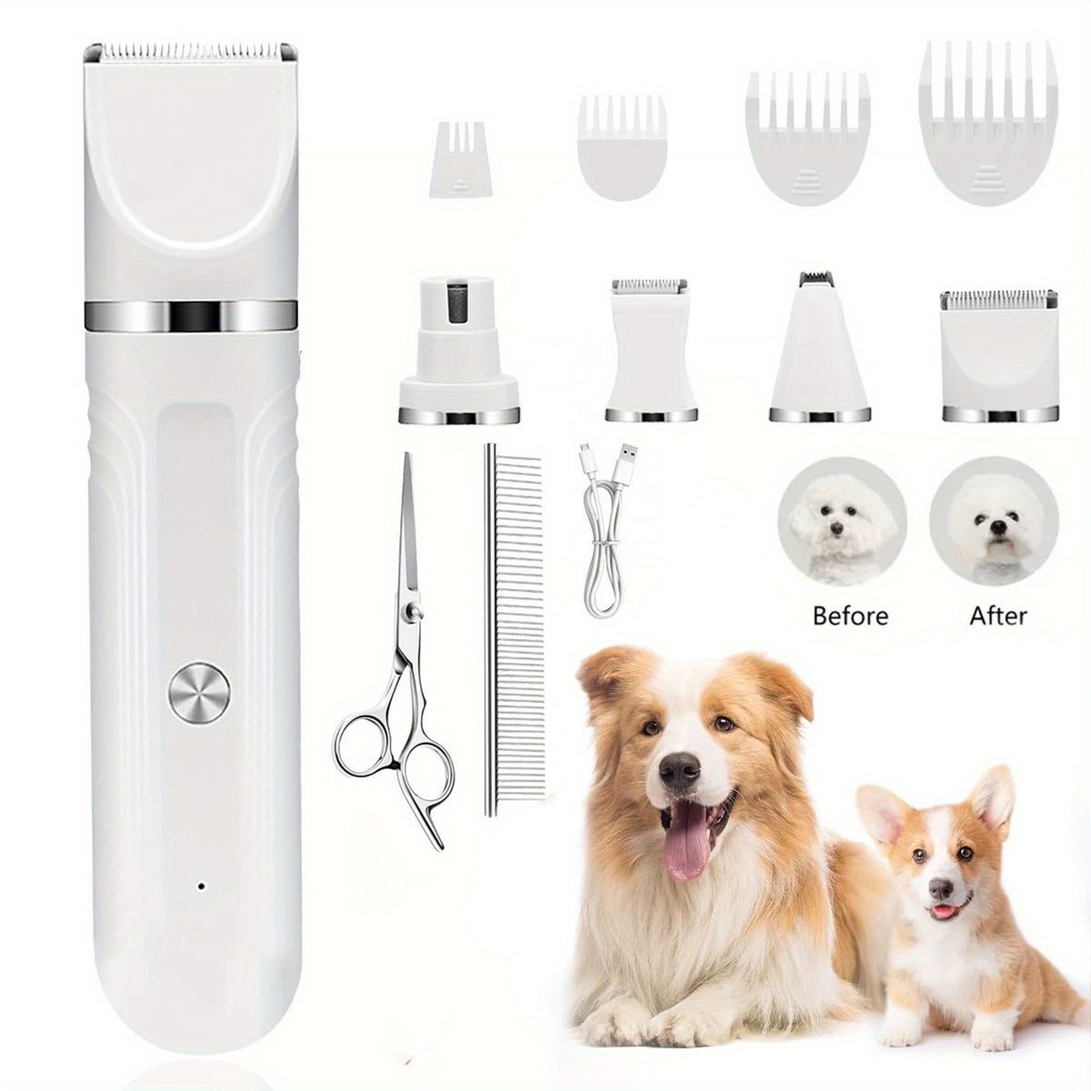 Dog Grooming Kit with Interchangeable Heads, USB Rechargeable Cordless Pet Hair Clipper with 4 Guide Combs, Steel Scissors and Comb for Home Trimming