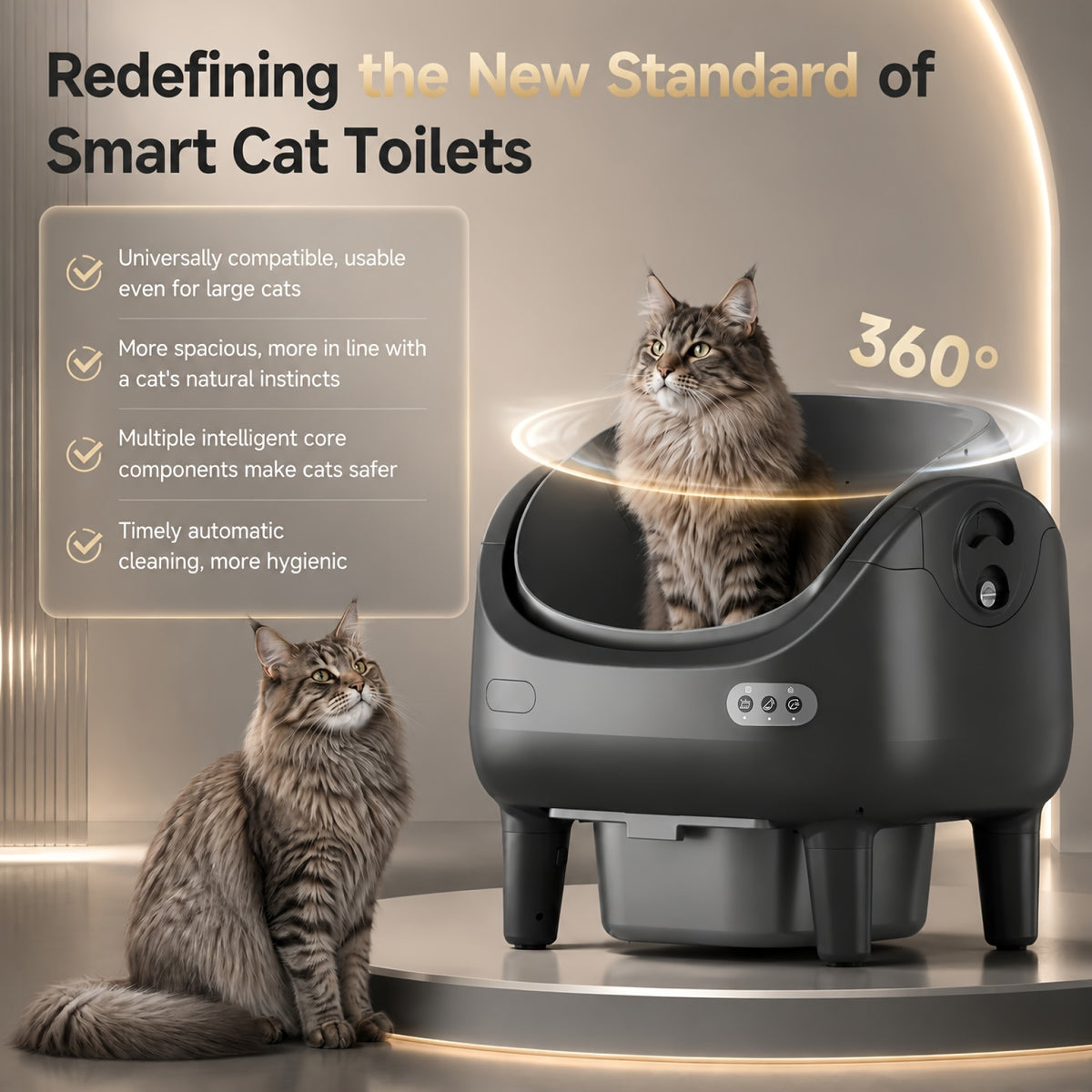 Sensor Equipped Self Cleaning Litter Box with Open Design, Extra Large Automatic Cat Toilet and Large Waste Compartment for Multi-Cat Homes