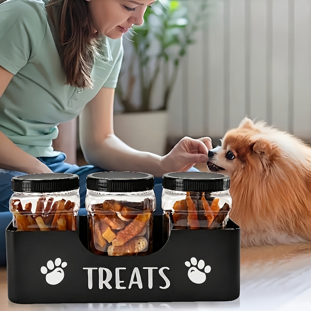 Pet Treat Jar Set with 3 Sealed Plastic Containers and Base, Farmhouse Dog and Cat Snack Storage Organizer for Kitchen Counters and Feeding Areas