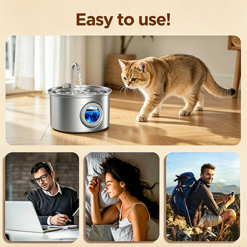 Dog Water Fountain 74oz 2.2L, Quiet 304 Stainless Steel Pet Drinking Dispenser with Large Water Level Window, Easy-Clean Design and Filter Bundle Options