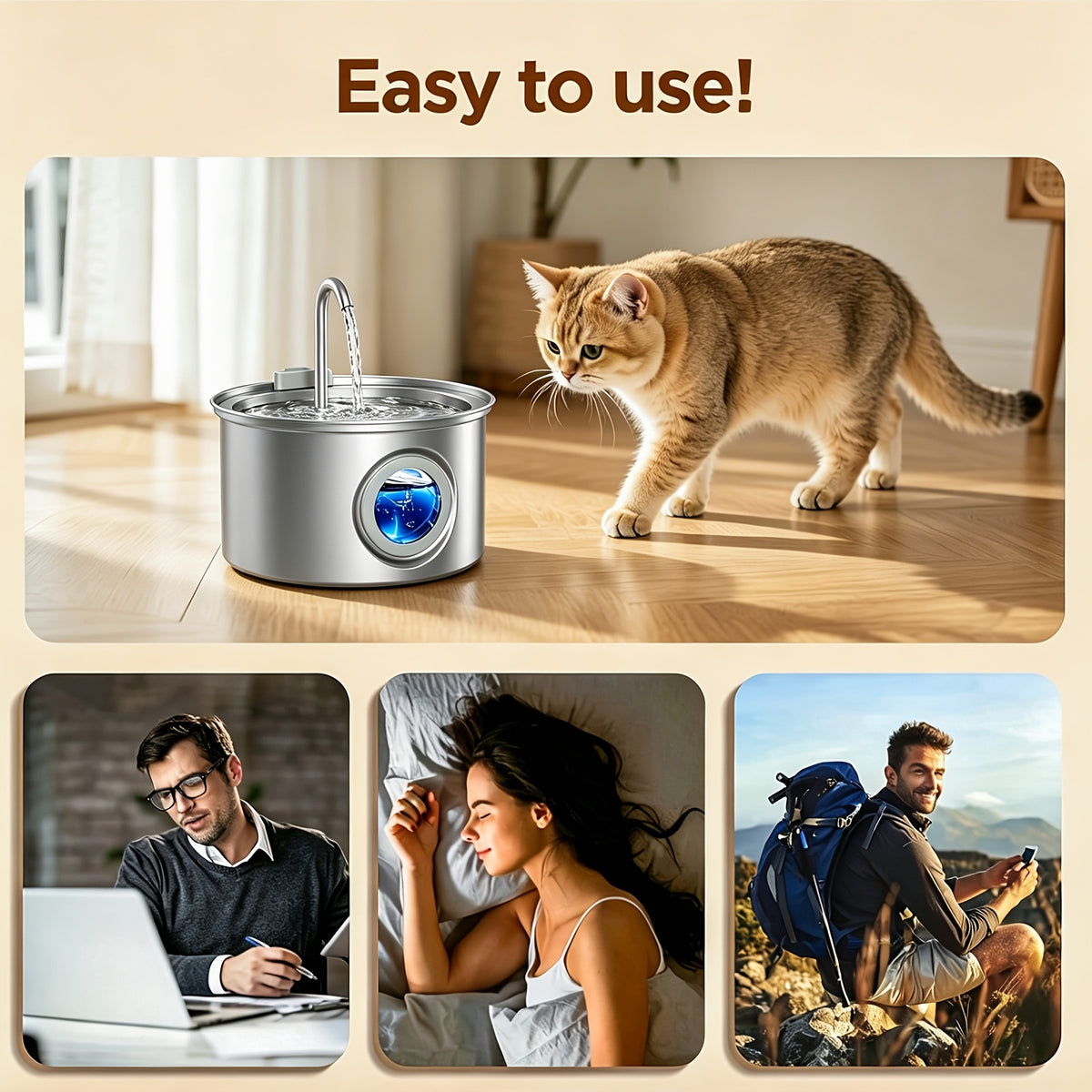 Dog Water Fountain 74oz 2.2L, Quiet 304 Stainless Steel Pet Drinking Dispenser with Large Water Level Window, Easy-Clean Design and Filter Bundle Options