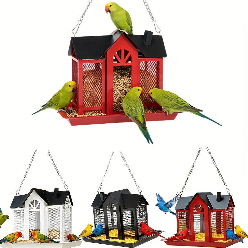 Metal Mesh Wild Bird Feeder with Triple Feeding Areas, Large Capacity Backyard Feeding Station with Black Roof and White or Red Wall Options