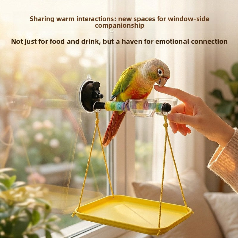 Bird Window Perch with Suction Cup, Parrot Stand with Waste Tray and Anti-Fly Chain, 3-Piece Set for Budgies, Parakeets and Cockatiels