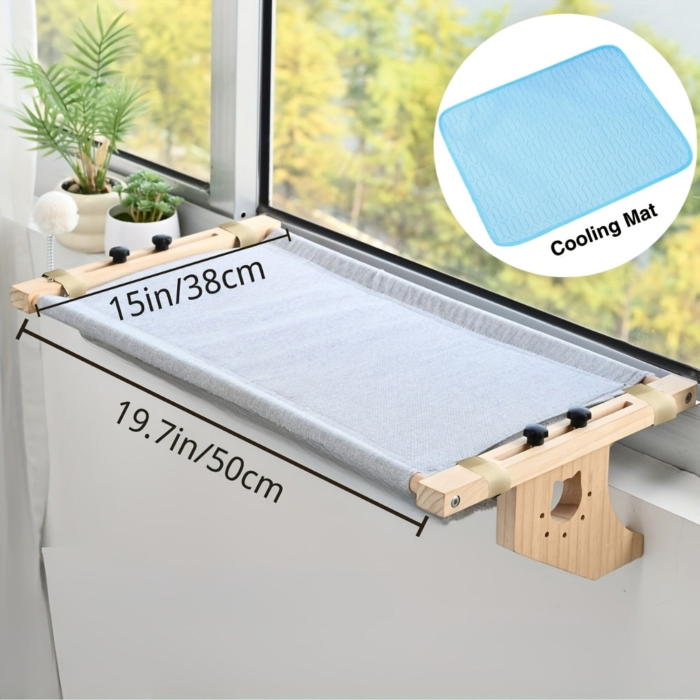 Wooden Cat Window Hammock, 19.7 x 15 Inch Adjustable Windowsill Perch with Plush Cushion and Optional Cooling Mat for Indoor Cat Lounging