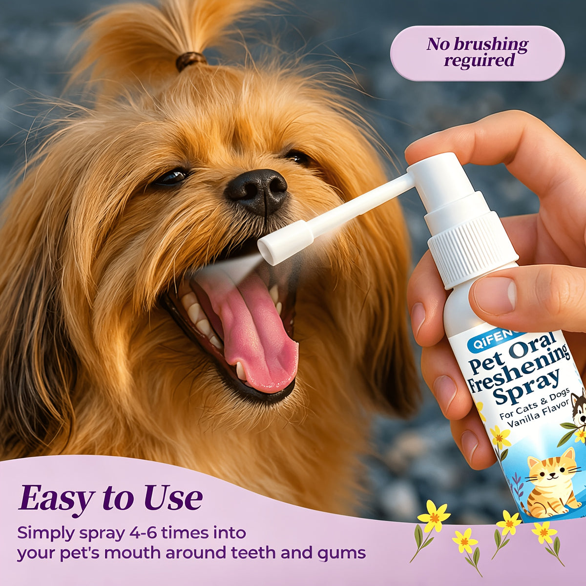 Dog Dental Spray for Dogs and Cats, Vanilla Flavor Pet Breath Freshener in 2.03 fl oz Bottle with Spray Nozzle for At-Home Oral Care Routines