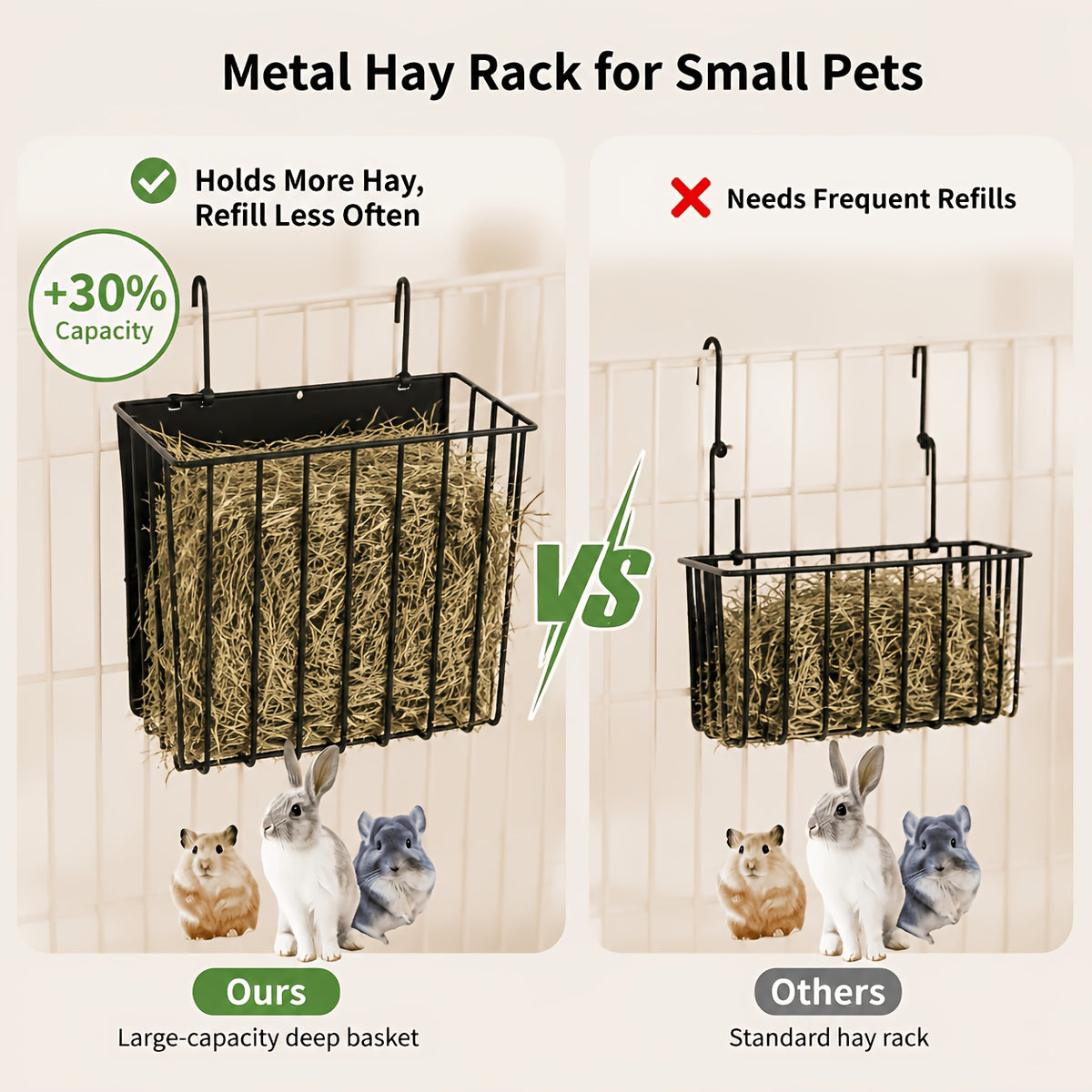 Rabbit Hay Feeder with Hanging Metal Rack, Black Powder-Coated No-Drill Cage Organizer for Guinea Pigs and Chinchillas, Space-Saving Hay Basket