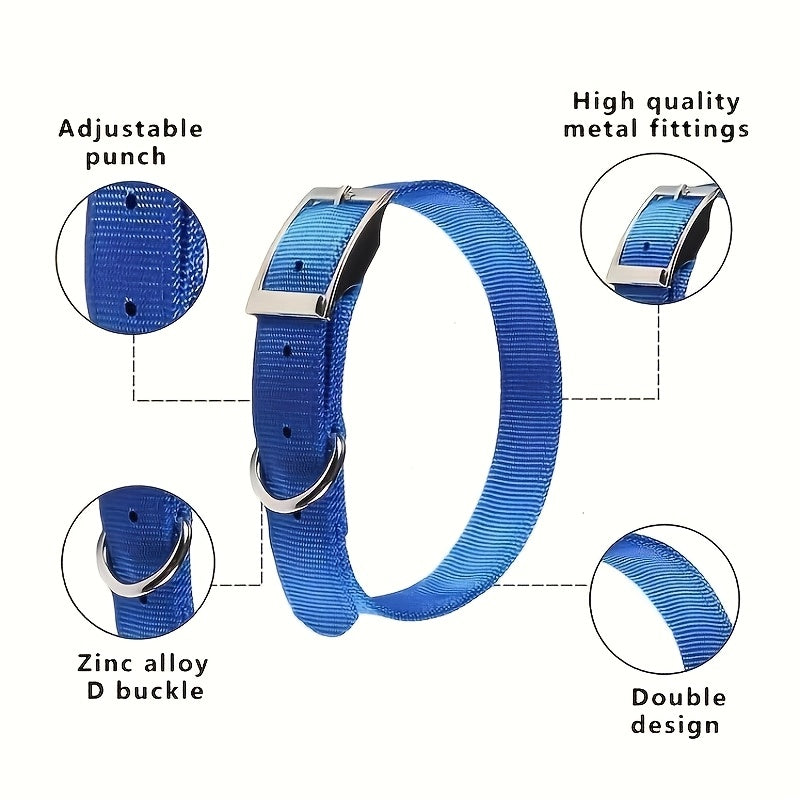 Nylon Dog Collar with Double-Layer Strap, Adjustable Metal Buckle and D-Ring for Small Medium Large Dogs, Everyday Outdoor Walks, S M L
