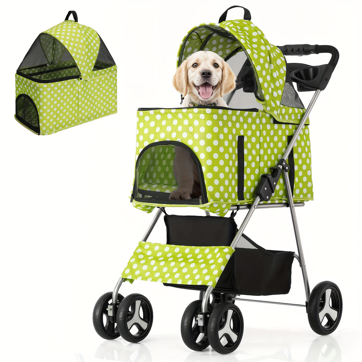 Dog Stroller for Pets up to 33 lbs, 3-in-1 Foldable Pushchair with Detachable Carrier, Car Seat Mode, Push-Button Entry and Mesh Canopy