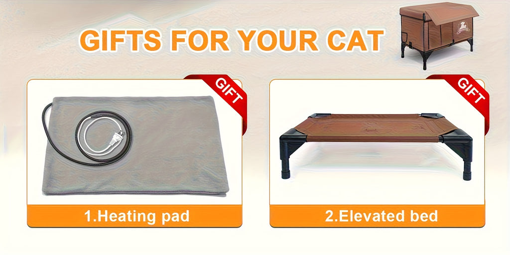 3-in-1 Heated Cat House with Detachable Heating Pad and Elevated Bed, Dual-Entry Cat Shelter in Brown, Camouflage and Roof Style Options