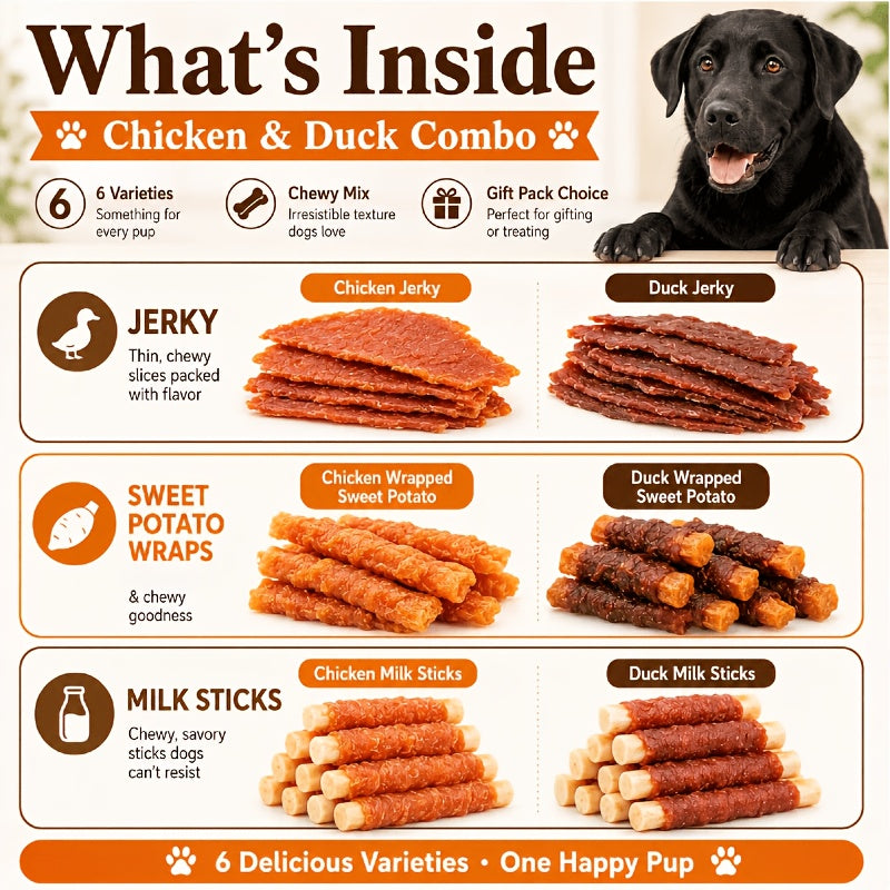Dog Treat Flavor Selection with Chicken and Duck Jerky Options, Mixed Flavor Snacks for Supervised Training Rewards, Daily Treat Time and Dog Gift Baskets