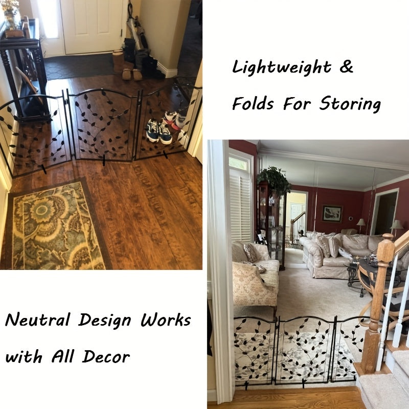 Freestanding Metal Dog Gate, 52 x 24 Inch Foldable 3-Panel Pet Barrier with Decorative Leaf Design for Indoor Doorways and Hallways