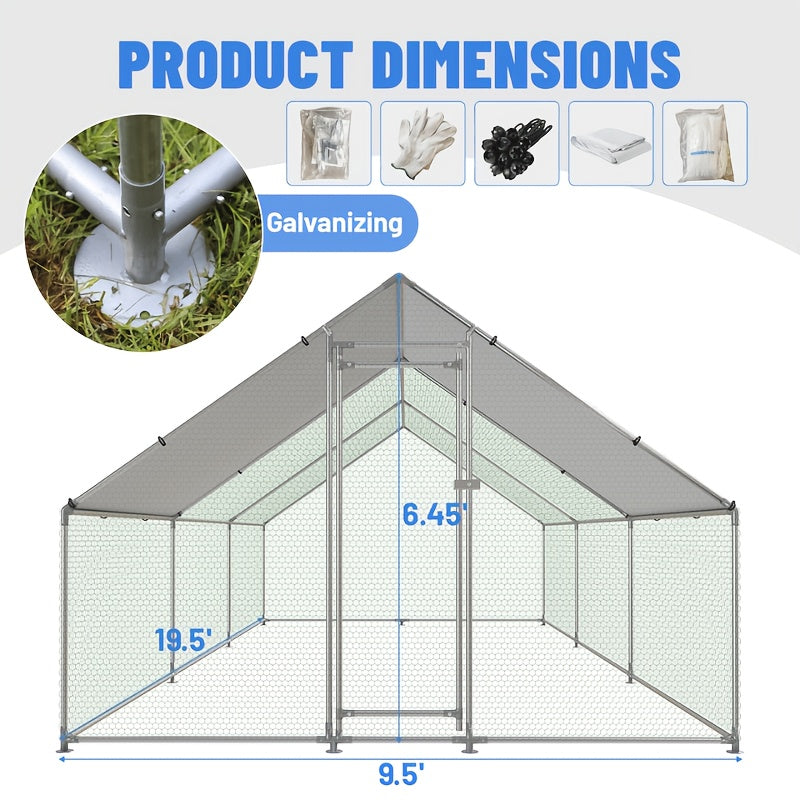 Spire Roof Chicken Coop Run with Metal Frame and Covered Section, Walk-In Outdoor Poultry Enclosure for Backyard Chickens and Ducks, Two Size Options