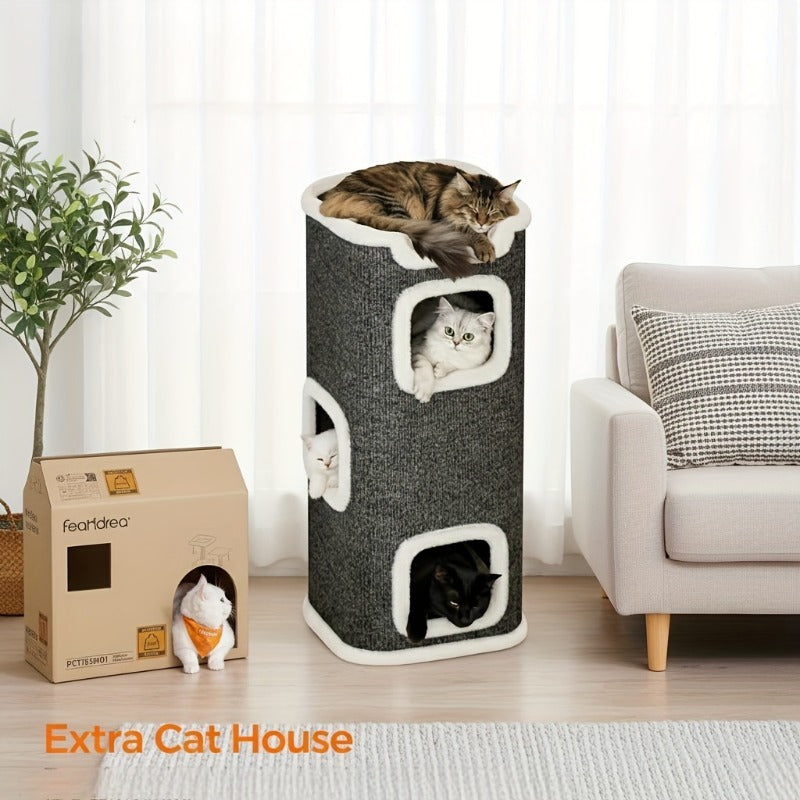 Cat Condo Tower with Foldable Design, Gray Indoor Cat Hideaway with Top Lounge, Detachable Panels and Scratching Surface, DC 13IN or 23IN-M Options