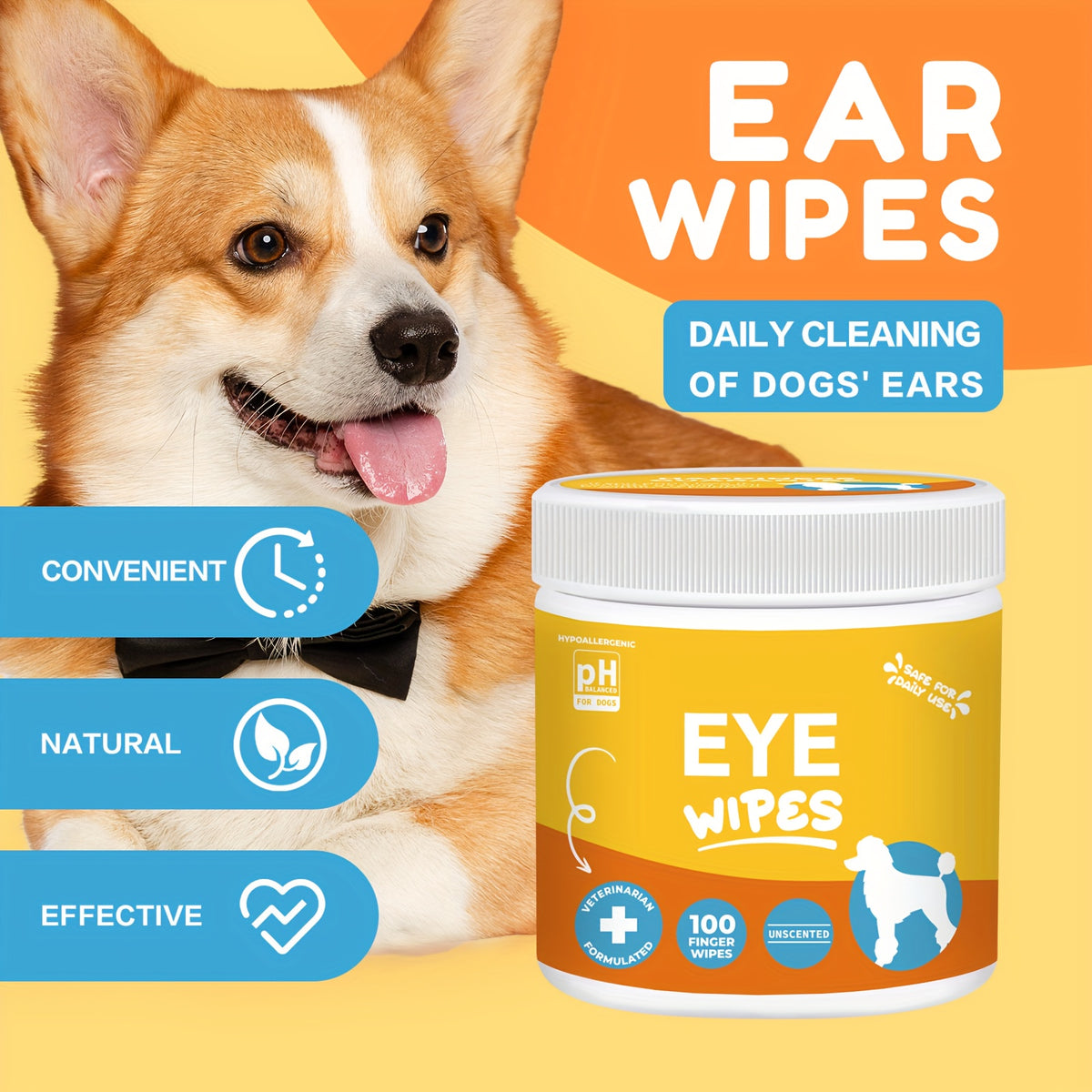 Dog Ear Cleaner Wipes with Coconut Scent, Finger Wipes for Routine Ear Grooming, with Separate Dental Wipes, Teeth Cleaning Kit and Eye Wipe Options