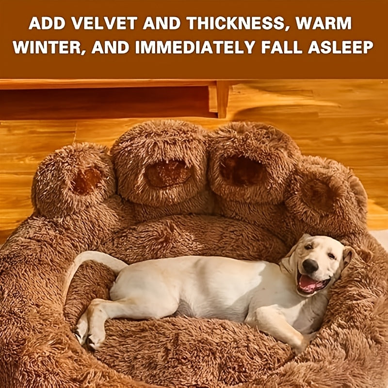 Paw Shaped Pet Bed for Dogs and Cats, Fluffy Plush Sleeping Nest with Raised Sides and Non-Slip Base, Brown Grey or Pink Red Size Options