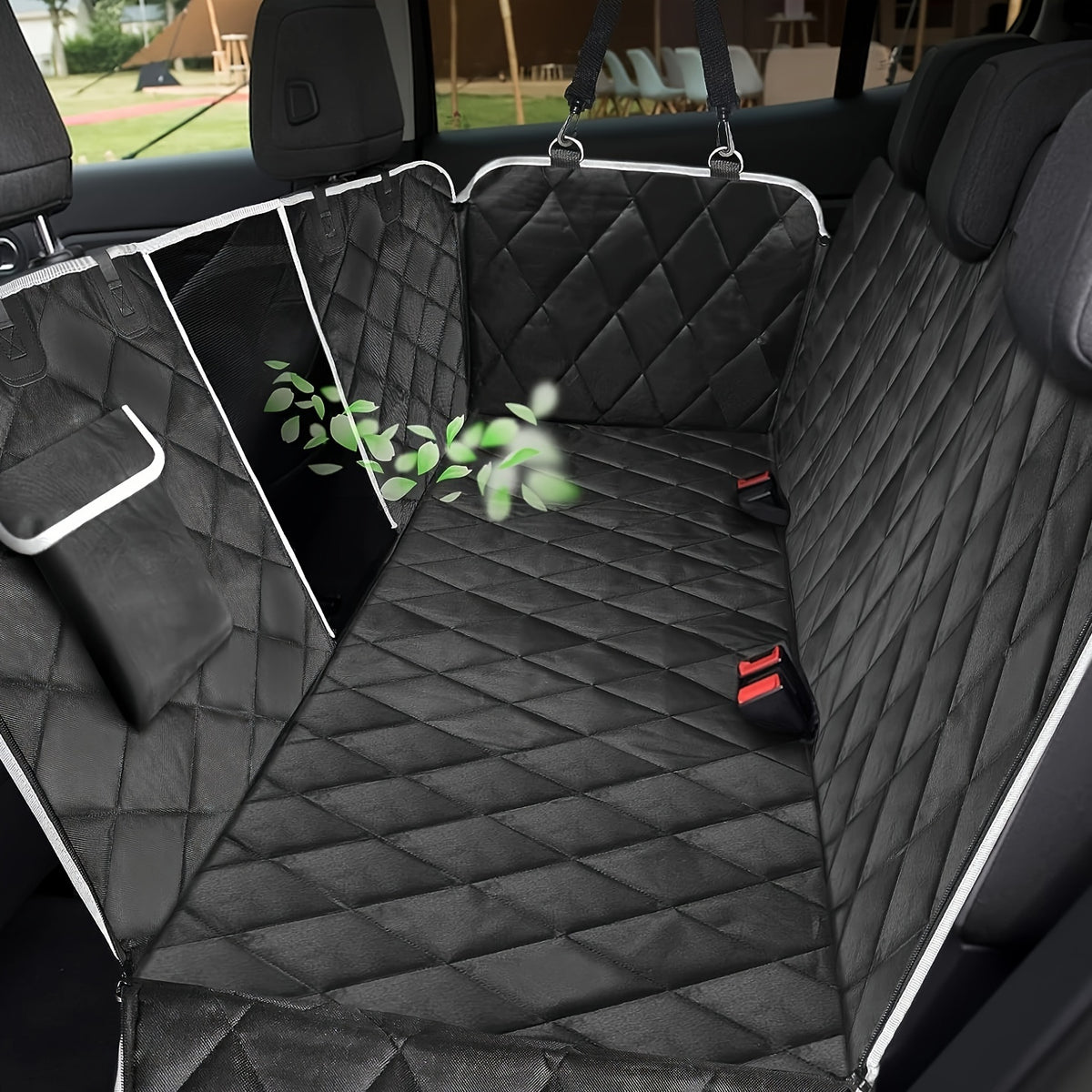 Dog Car Seat Cover with Mesh Viewing Window, 54 x 58 Inch Quilted Backseat Hammock with Storage Pocket and Gray Binding for Compatible Cars, Trucks and SUVs