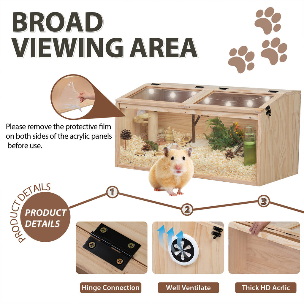 Hamster Habitat Wooden Cage with Clear Acrylic Front, Openable Top and Side Locks, 31.5-Inch Small Pet Enclosure in Natural or Burlywood