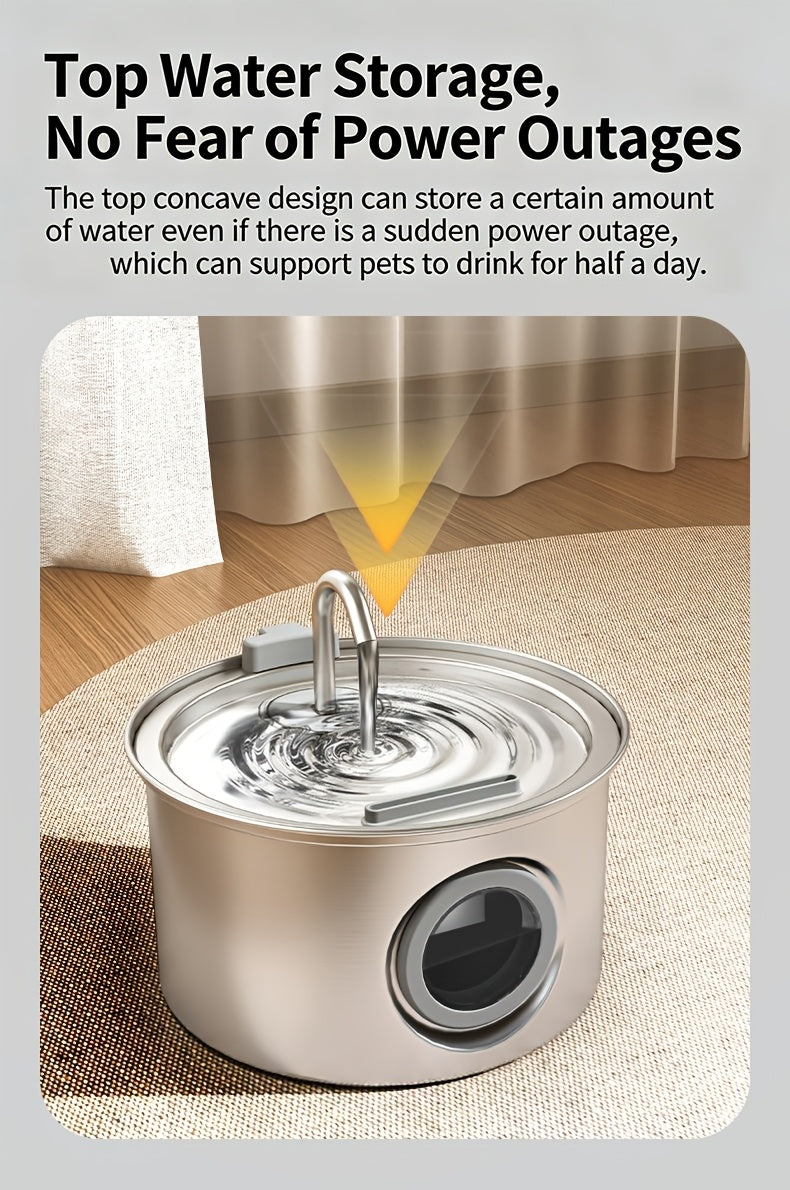 Dog Water Fountain 74oz 2.2L, Quiet 304 Stainless Steel Pet Drinking Dispenser with Large Water Level Window, Easy-Clean Design and Filter Bundle Options