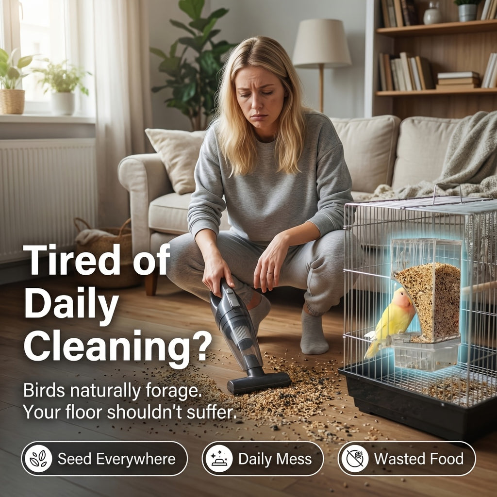 Automatic Bird Cage Feeder with Catch Tray, Transparent Acrylic Seed Dispenser with Angled Feeding Port and Cage Mount for Everyday Pet Bird Care