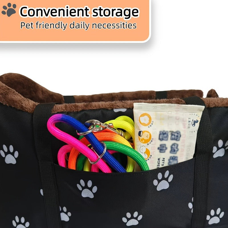 Dog Travel Bed with Plush Paw Print Design, Lightweight Non-Slip Small Dog Sofa with Carry Handles for Cozy Home Rest and Car Travel Setup