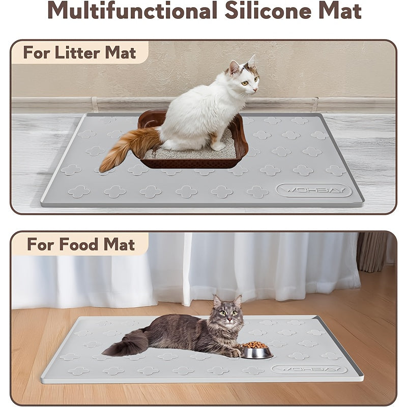 Silicone Cat Litter and Feeding Mat 34 x 22 Inches, 3-in-1 Washable Non-Slip Floor Protector with Raised Edges in Light Grey or Dark Gray