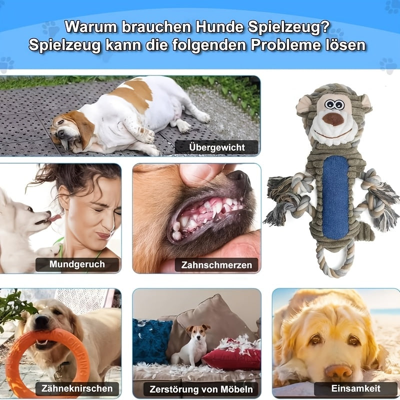 Squeaky Rope Dog Toy with Knotted Pull Loops, Soft Plush Animal Styles for Supervised Gentle Tug Games, Indoor Interactive Play and Dog Birthday Gifts