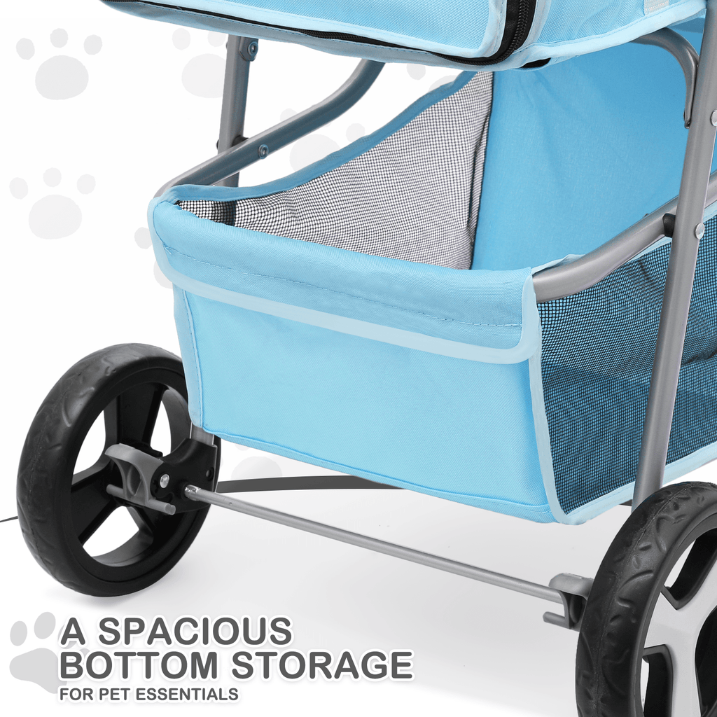 Three-Wheel Dog Stroller with Weather Cover, Foldable Mesh Pet Pushchair for Small Dogs and Cats, Storage Basket, Cup Holder and 10 Style Options