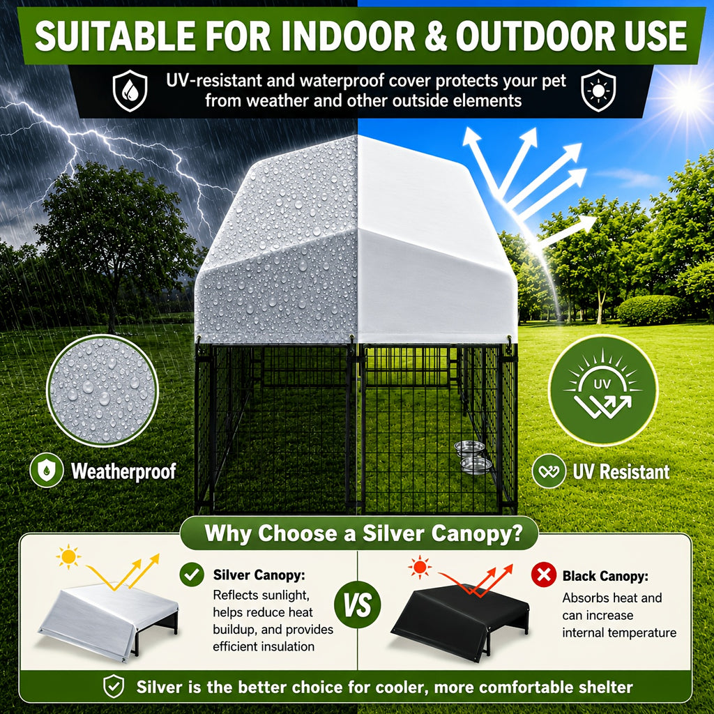 Dog Kennel with Silver Canopy and 2 Rotating Bowls, Welded Steel Outdoor Dog Pen with Lockable Gate, 51-Inch Width and Three Length Options