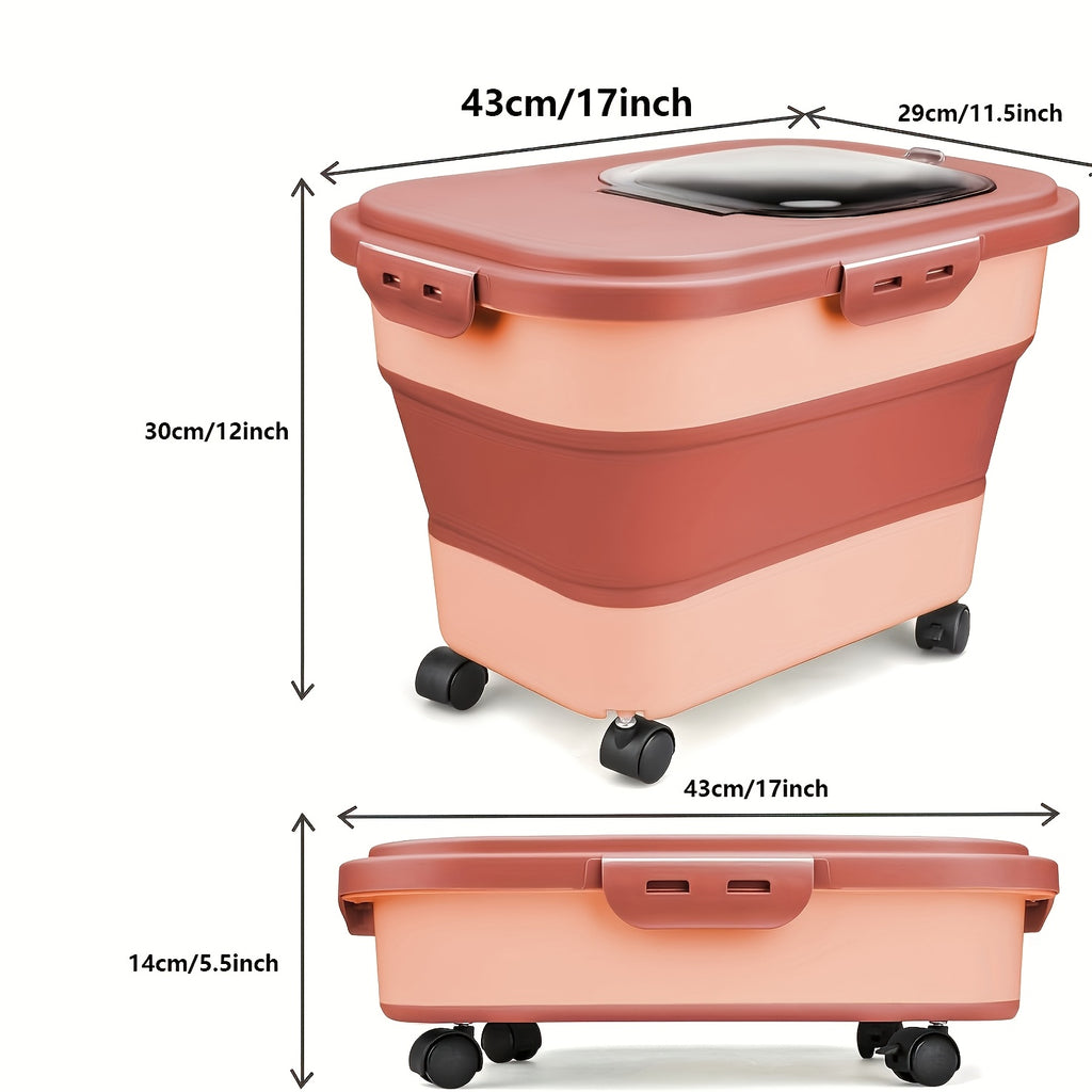 Foldable Dog Food Storage Container with Wheels, Airtight Pet Kibble Bin with Measuring Cup and Scoop, 5-30 lb Capacity for Dogs and Cats