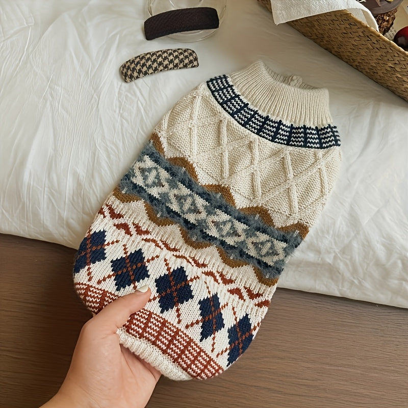 Fair Isle Dog Sweater, Cable Knit Turtleneck Winter Pullover in Beige or Blue, XS-XL Pet Clothing for Cozy Indoor Wear and Cool Weather Walks