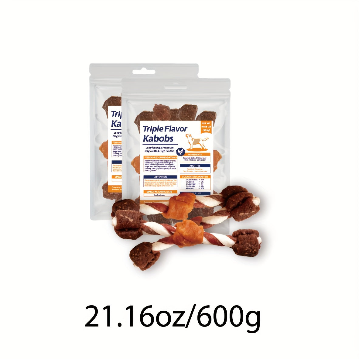 Dog Treat Kabobs with Rawhide, Beef, Chicken and Chicken Liver, Triple Flavor Chew Snacks for Supervised Treat Time in 100g to 900g Pack Options