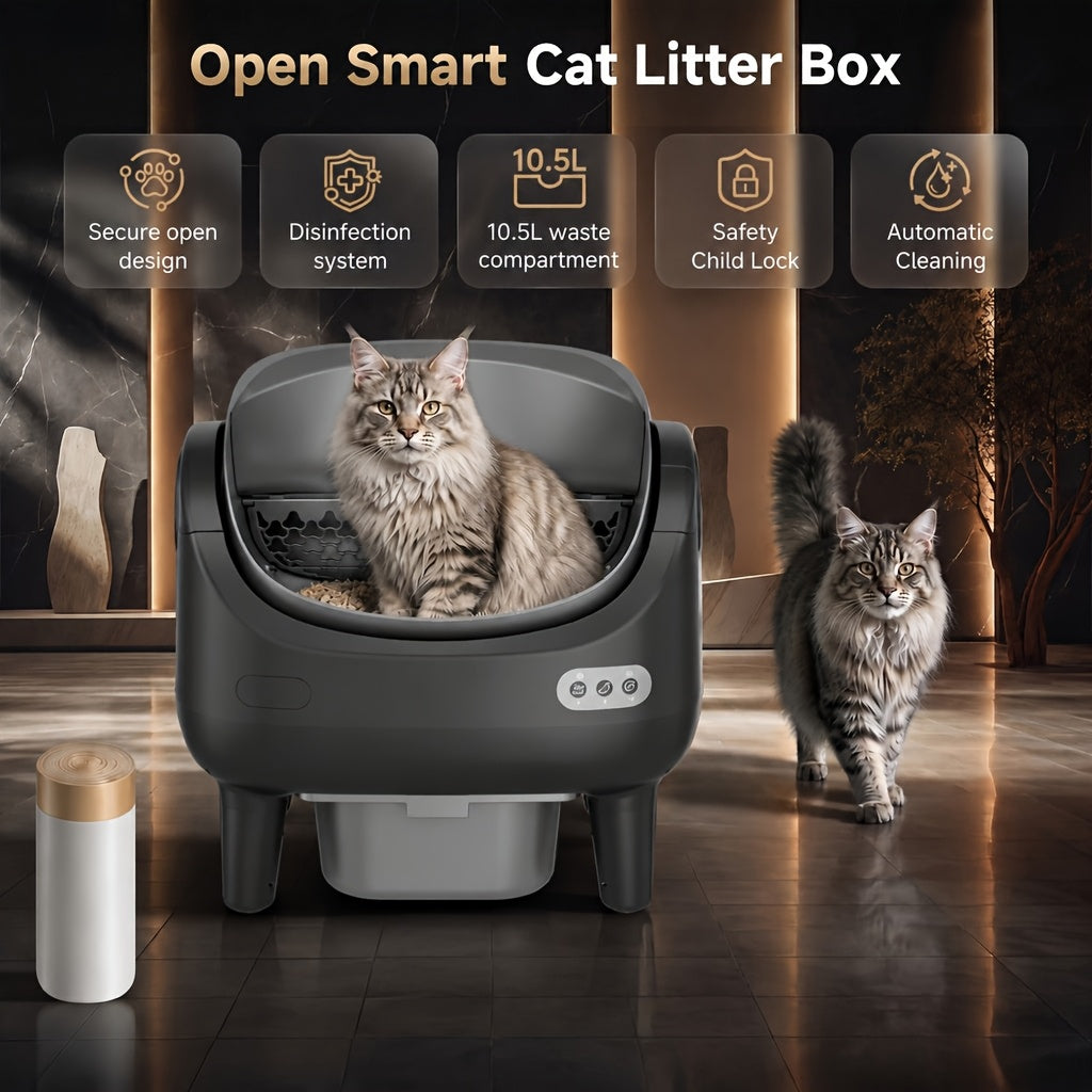 Sensor Equipped Self Cleaning Litter Box with Open Design, Extra Large Automatic Cat Toilet and Large Waste Compartment for Multi-Cat Homes