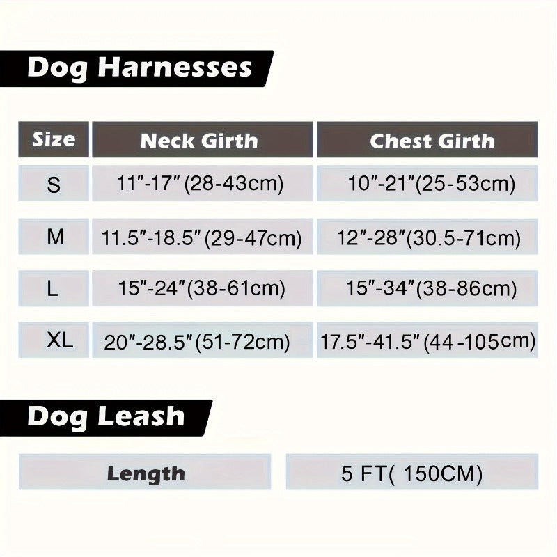 Oxford Dog Harness and Rope Leash Set, Adjustable Reflective Mesh-Padded Walking Vest with Four Fit Points and 5-Foot Padded-Handle Lead, S to XL