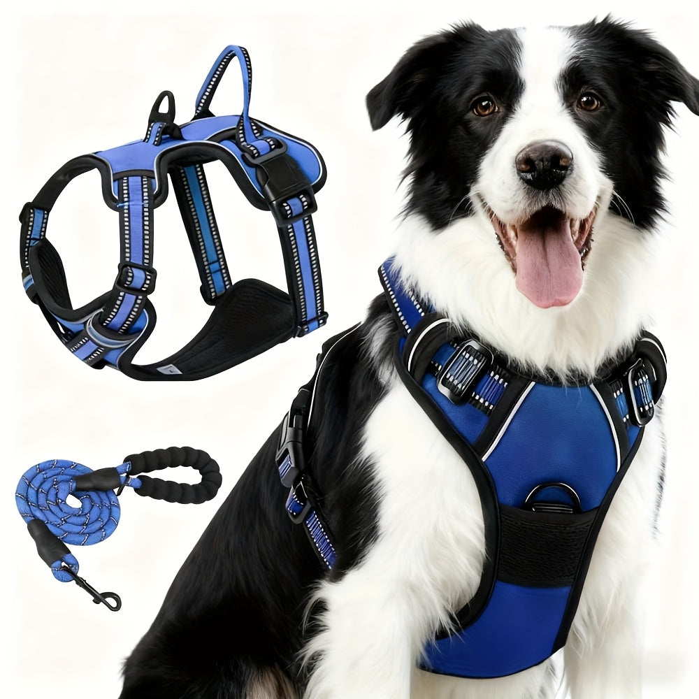 Dog Harness and 5ft Leash Bundle, Adjustable Reflective Walking Vest in Black, Blue or Red, S-XL Sizes for Everyday Walks and Training