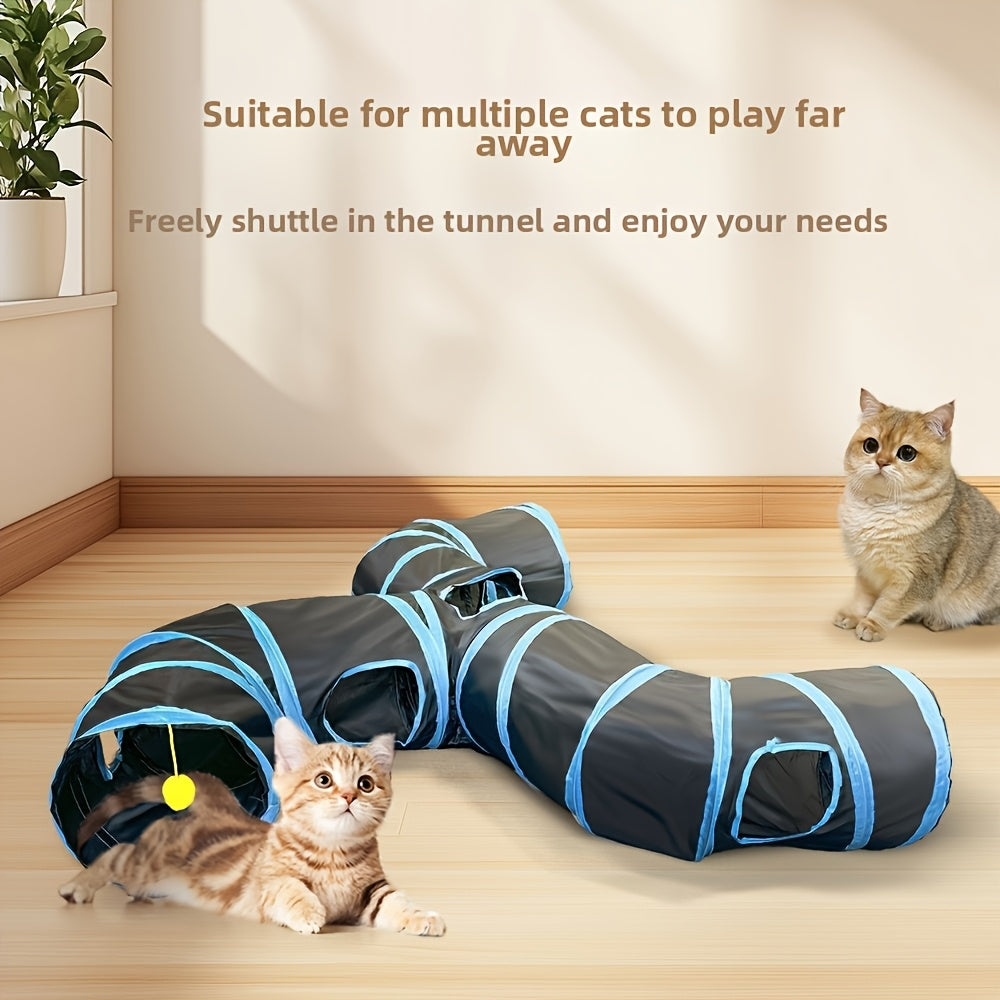 T-Shaped Cat Tunnel with Hanging Ball, Collapsible Polyester Play Tube with Multiple Entrances for Indoor Cat Hide-and-Seek and Daily Exploration