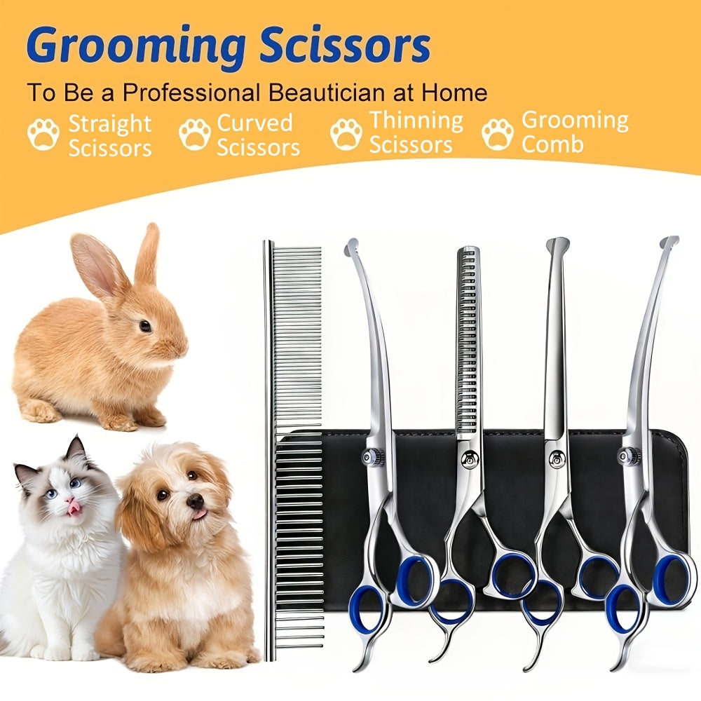 Dog Grooming Scissors Set with Ceramic-Coated 4CR Stainless Steel, 7 Pieces Including Straight, Thinning and Curved Shears, Comb and Storage Bag